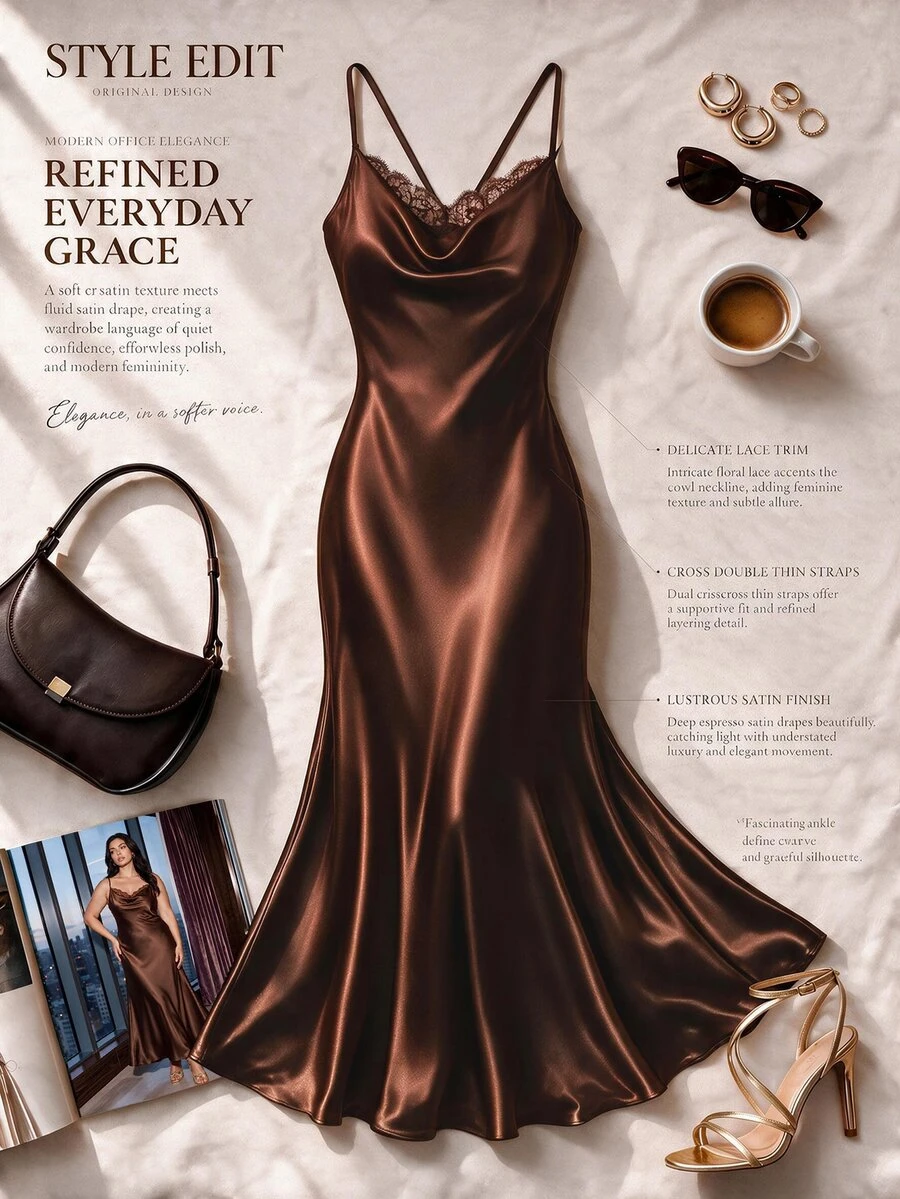 GlowEve CURVE Plus Size Women Lace Trim Elegant Waist Cinched Camisole Dress, Suitable For Dates And Parties - Brown - View 1