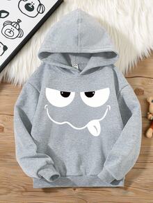 SHEIN Tween Boy Adolescent Casual Graphic Loose Fashionable Cute Cartoon Funny Face Printed Hooded Sweatshirt School Grey Autumn - Grey - View 1