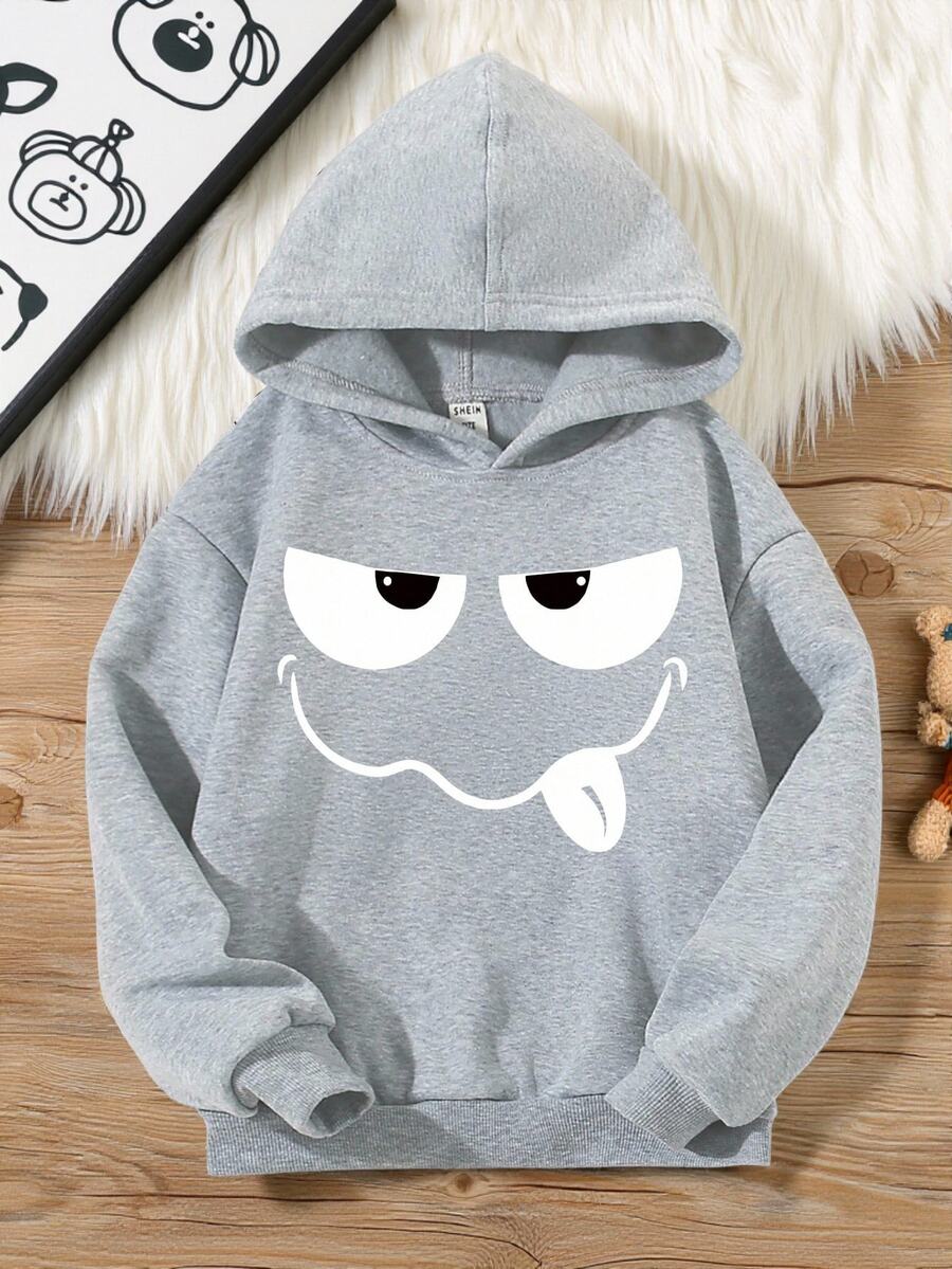 SHEIN Tween Boy Adolescent Casual Graphic Loose Fashionable Cute Cartoon Funny Face Printed Hooded Sweatshirt School Grey Autumn - Grey - View 1
