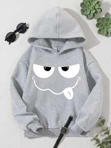 SHEIN Tween Boy Adolescent Casual Graphic Loose Fashionable Cute Cartoon Funny Face Printed Hooded Sweatshirt School Grey Autumn - Grey - View 3