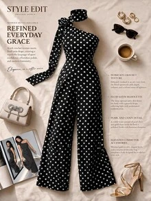Formidée Plus Size Women's Elegant Black & White Polka Dot Asymmetric Neck Jumpsuit, Suitable For Commuting, Spring/Summer - Black - View 1