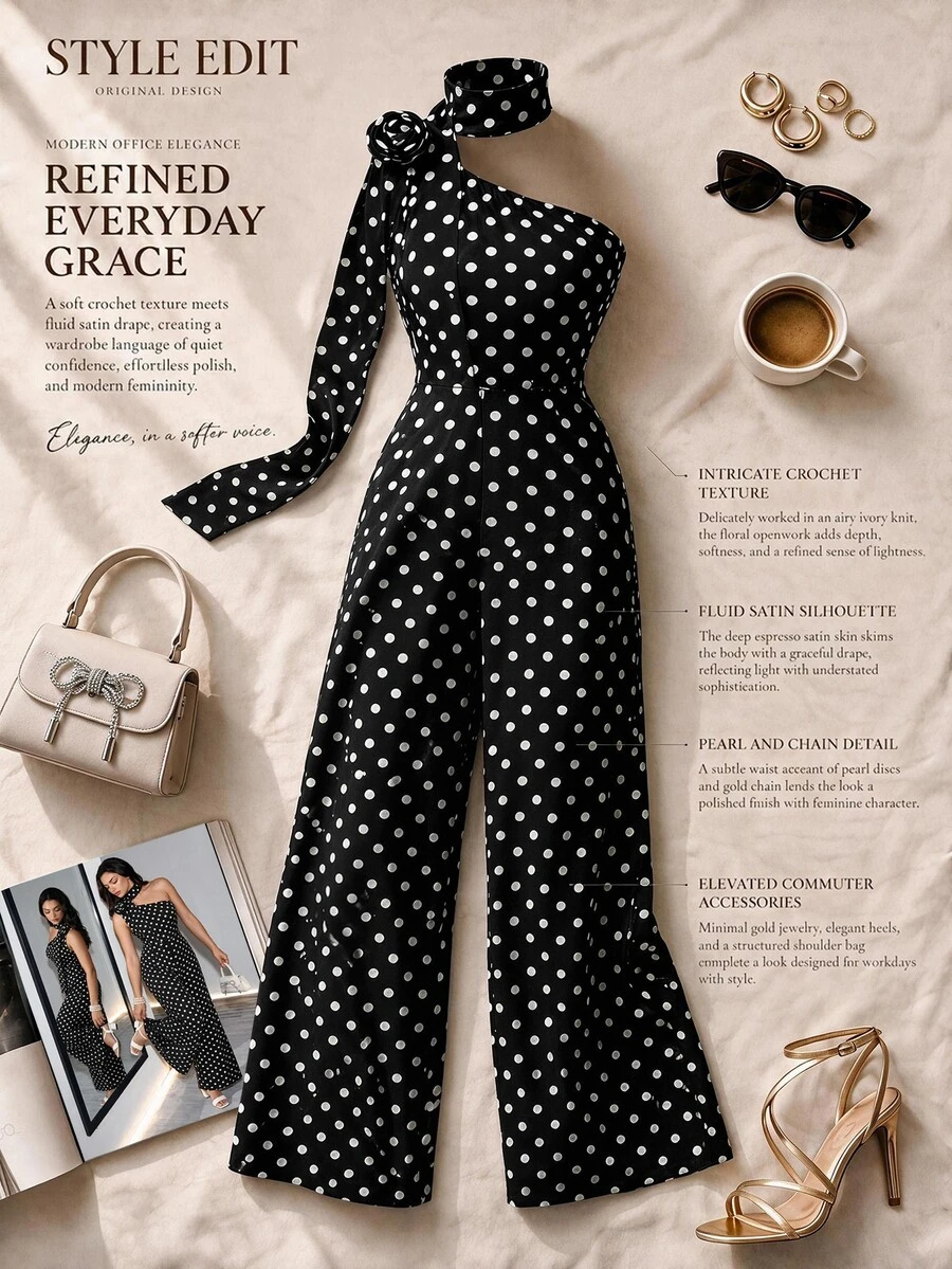 Formidée Plus Size Women's Elegant Black & White Polka Dot Asymmetric Neck Jumpsuit, Suitable For Commuting, Spring/Summer - Black - View 1