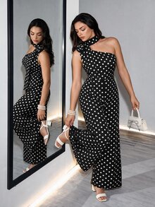 Formidée Plus Size Women's Elegant Black & White Polka Dot Asymmetric Neck Jumpsuit, Suitable For Commuting, Spring/Summer - Black - View 2