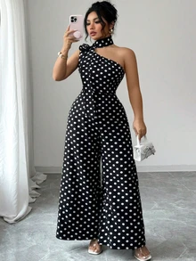 Formidée Plus Size Women's Elegant Black & White Polka Dot Asymmetric Neck Jumpsuit, Suitable For Commuting, Spring/Summer - Black - View 5