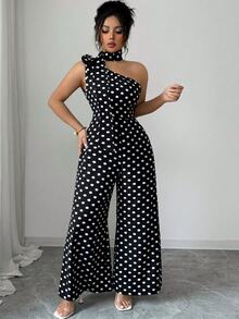 Formidée Plus Size Women's Elegant Black & White Polka Dot Asymmetric Neck Jumpsuit, Suitable For Commuting, Spring/Summer - Black - View 8