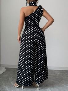 Formidée Plus Size Women's Elegant Black & White Polka Dot Asymmetric Neck Jumpsuit, Suitable For Commuting, Spring/Summer - Black - View 4