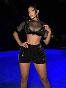 SHEIN SXY Women's Shiny Metallic Silver & Pink Sexy Shorts - Black - View 5