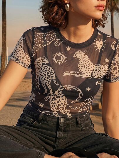 CAJUNI Top Sexy de Malla Transparente con Estampado de Leopardo para Vacaciones