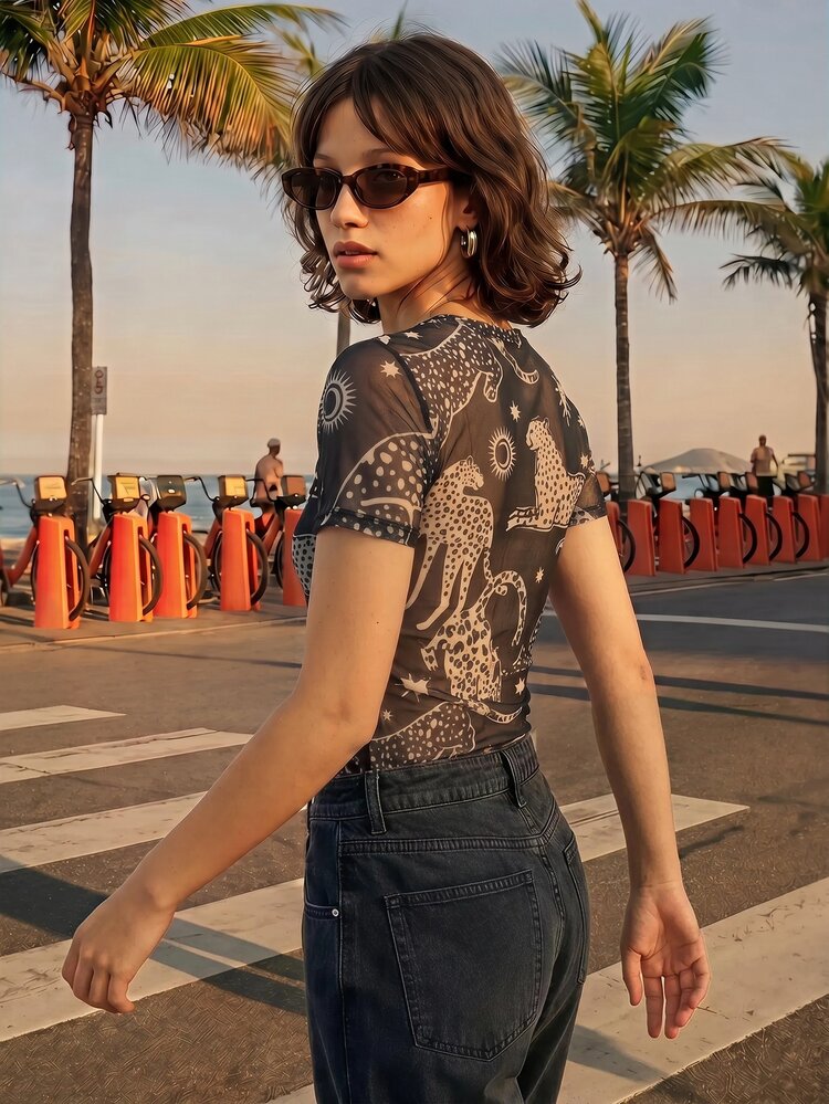 CAJUNI Sexy Leopard Print Sheer Mesh Top For Vacation - Black and White - View 2