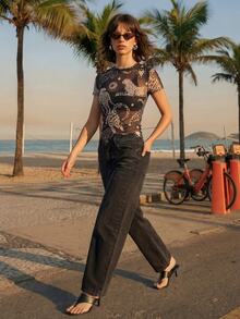CAJUNI Sexy Leopard Print Sheer Mesh Top For Vacation - Black and White - View 5