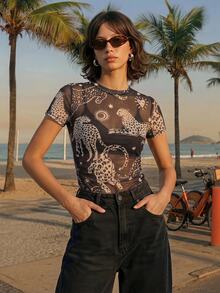 CAJUNI Sexy Leopard Print Sheer Mesh Top For Vacation - Black and White - View 3