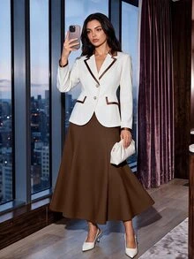 Formidée Plus Size Women White Elegant Formal Bachelorette Party Fall Winter Long Sleeve Blazer Jacket, Minimalist Two Pieces Set, Commute Solid Color - Multicolor - View 2