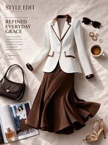 Formidée Plus Size Women White Elegant Formal Bachelorette Party Fall Winter Long Sleeve Blazer Jacket, Minimalist Two Pieces Set, Commute Solid Color - Multicolor - View 3