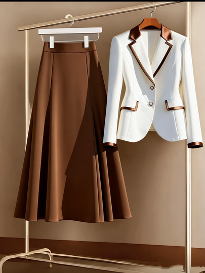 Formidée Plus Size Women White Elegant Formal Bachelorette Party Fall Winter Long Sleeve Blazer Jacket, Minimalist Two Pieces Set, Commute Solid Color