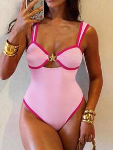 SHEIN Swim 2pcs/Set Women's Fashion Casual Vacation Solid Color Contrast Trim Spaghetti Strap Hollow Out One-Piece Swimsuit + Skirt Beach Outfit - Pink - View 3