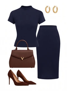 Lavishia Women's Solid Color Short Sleeve Top And Skirt Casual 2 Pieces Set - Navy Blue - View 1