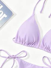 Swim Basics Solid Color Sexy Lace-Up Bikini Two-Piece Women's Swimwear Set Beachwear - Lilac Purple - View 6