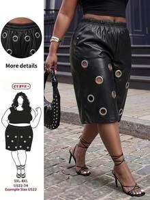 SHEIN CURVE+ US22 Plus Size Women's Street Hip-Hop Style Perforated PU Material Fashion Capri Pants, Autumn/Winter Christmas - Black - View 1