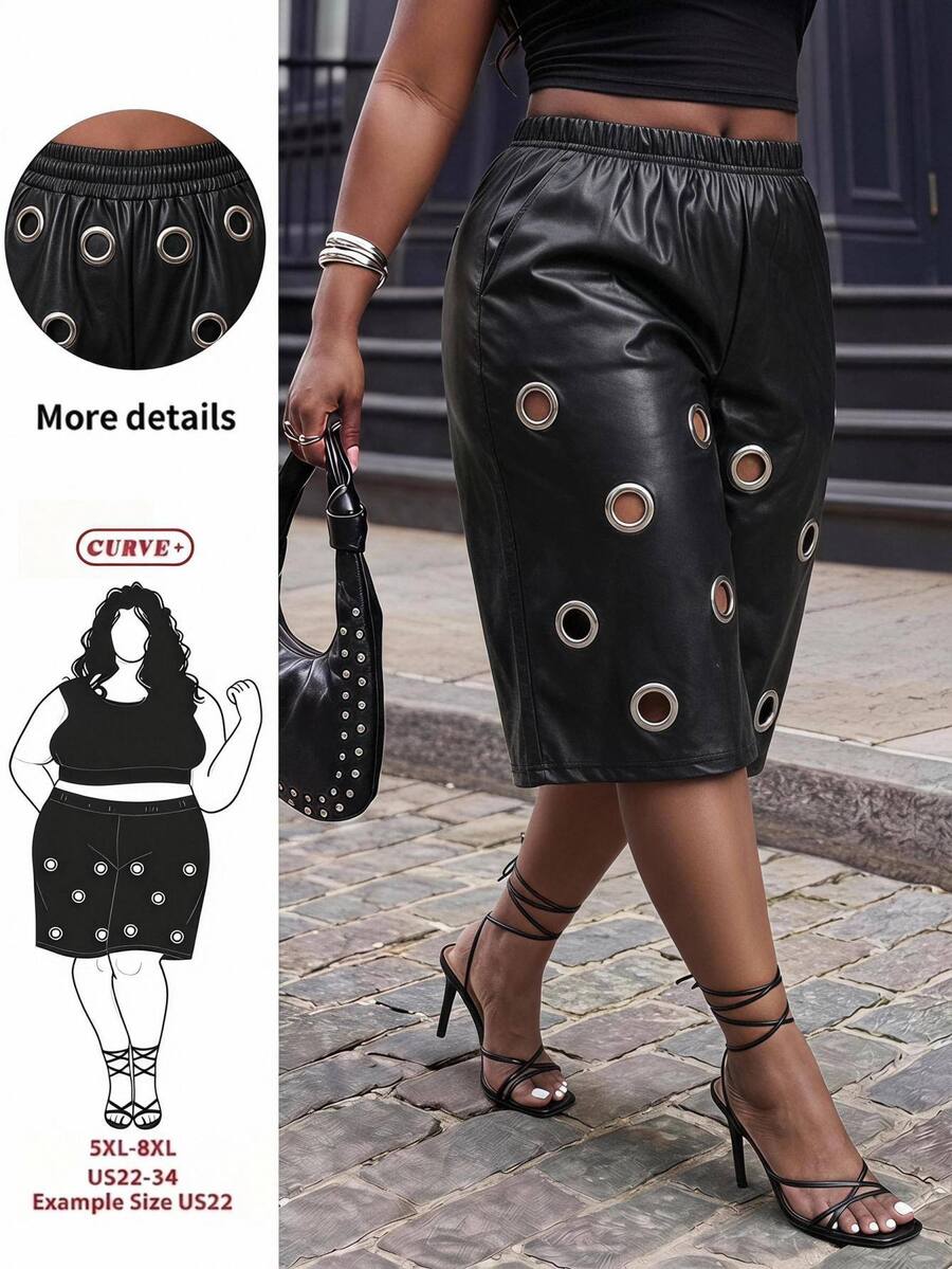 SHEIN CURVE+ US22 Plus Size Women's Street Hip-Hop Style Perforated PU Material Fashion Capri Pants, Autumn/Winter Christmas - Black - View 1