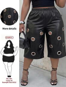 SHEIN CURVE+ US22 Plus Size Women's Street Hip-Hop Style Perforated PU Material Fashion Capri Pants, Autumn/Winter Christmas - Black - View 6