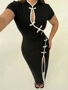 Formidée Plus Size Women's Black And White Cheongsam Dress,Elegant Summer 70's Chinese Style Fitted Long Dress,Contrast Color Button Collar,Front Slit,Party - Black and White - View 6