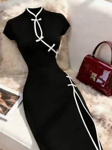 Formidée Plus Size Women's Black And White Cheongsam Dress,Elegant Summer 70's Chinese Style Fitted Long Dress,Contrast Color Button Collar,Front Slit,Party - Black and White - View 3