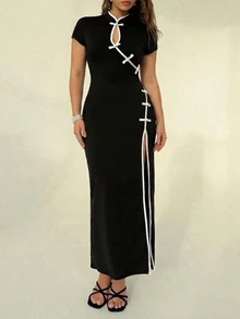 Formidée Plus Size Women's Black And White Cheongsam Dress,Elegant Summer 70's Chinese Style Fitted Long Dress,Contrast Color Button Collar,Front Slit,Party - Black and White - View 5