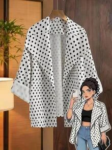 SHEIN Clasi Plus Size Autumn/Winter Lapel White Print Pocket Jacket Office Formal Evening Business Casual Elegant Women Chic Unique - Black and White - View 1