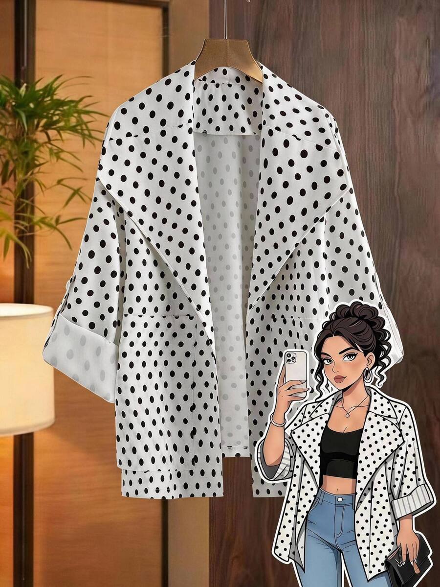 SHEIN Clasi Plus Size Autumn/Winter Lapel White Print Pocket Jacket Office Formal Evening Business Casual Elegant Women Chic Unique - Black and White - View 1