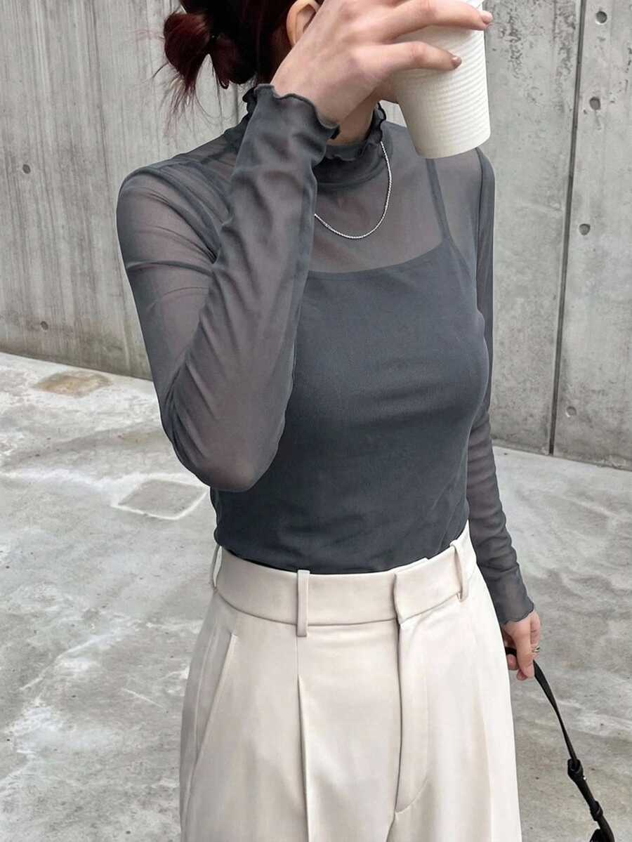 FRIFUL 女款純色立領修身透視網紗長袖上衣 - 灰色 - 查看 1