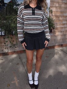 SHEIN LUNE Women's Fashion Versatile Preppy Black And White Striped Half-Button Cardigan Sweater Daily Commute School Outfit Fall Pullover Brunch French Casual - Multicolor - View 9