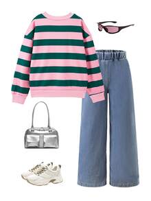 SHEIN 2件組女童秋冬返校套裝，8-13歲，粉色與綠色條紋休閒極簡圓領長袖衛衣上衣，搭配鬆緊腰偽口袋寬鬆長褲，舒適柔軟運動風通勤款，適合春夏秋冬外出，可作為禮物贈送 - 粉色 - 查看 2