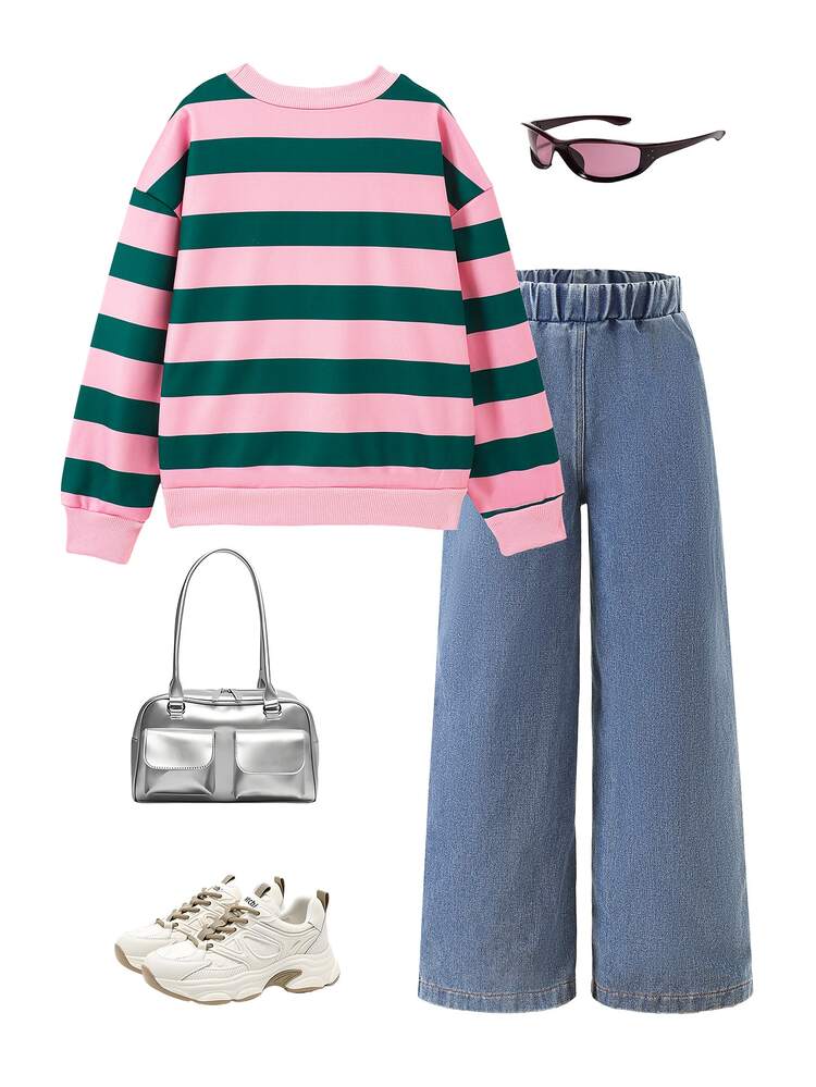 SHEIN 2pcs/Set Girls' Autumn/Winter Back To School Outfit, 8-13Y Pink & Green Striped Casual Minimalist Crew Neck Long Sleeve Sweatshirt Top With Elastic Waist Faux Pocket Loose Pants, Comfortable Soft Sporty Commute Suitable For Spring/Autumn/Winter Outings, Can Be Given As A Gift - Pink - View 2