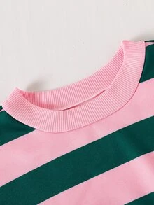 SHEIN 2件組女童秋冬返校套裝，8-13歲，粉色與綠色條紋休閒極簡圓領長袖衛衣上衣，搭配鬆緊腰偽口袋寬鬆長褲，舒適柔軟運動風通勤款，適合春夏秋冬外出，可作為禮物贈送 - 粉色 - 查看 4