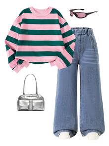 SHEIN 2件組女童秋冬返校套裝，8-13歲，粉色與綠色條紋休閒極簡圓領長袖衛衣上衣，搭配鬆緊腰偽口袋寬鬆長褲，舒適柔軟運動風通勤款，適合春夏秋冬外出，可作為禮物贈送 - 粉色 - 查看 5