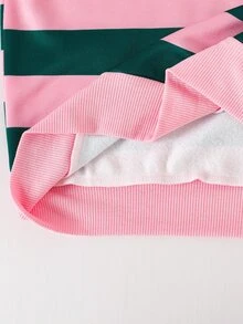 SHEIN 2件組女童秋冬返校套裝，8-13歲，粉色與綠色條紋休閒極簡圓領長袖衛衣上衣，搭配鬆緊腰偽口袋寬鬆長褲，舒適柔軟運動風通勤款，適合春夏秋冬外出，可作為禮物贈送 - 粉色 - 查看 3