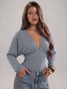 SHEIN BAE 女款深V領條紋休閒長袖上衣，適合日常穿著 - 藏蓝色 - 查看 1