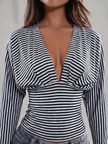 SHEIN BAE 女款深V領條紋休閒長袖上衣，適合日常穿著 - 藏蓝色 - 查看 6