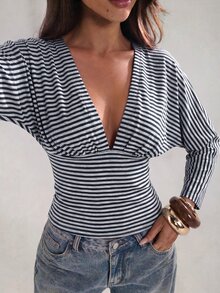 SHEIN BAE 女款深V領條紋休閒長袖上衣，適合日常穿著 - 藏蓝色 - 查看 5