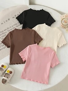 SHEIN 女童夏季可愛羅紋純色荷葉邊短袖上衣，夏季上衣，復活節夏季上衣，7套隨機，發貨4套 - 彩色 - 查看 3
