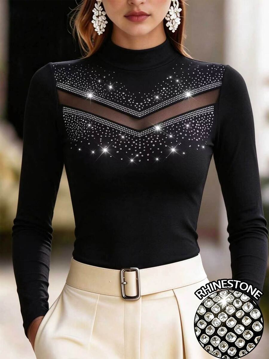 Zayélia Women's Mesh Patchwork Rhinestone Embellished Slim Fit Versatile Casual T-Shirt - Black - View 1