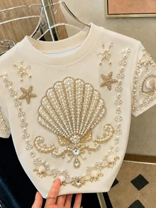 Resyla [Printed Design] Women's Round Neck Rhinestone Decorated Short Sleeve T-Shirt - Apricot - View 4