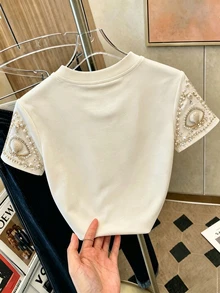Resyla [Printed Design] Women's Round Neck Rhinestone Decorated Short Sleeve T-Shirt - Apricot - View 6
