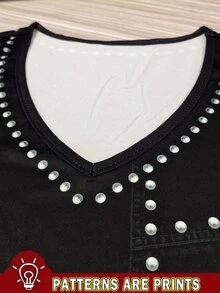 Trelyra [Printed Design] Black Denim Effect American Vintage Casual Rivet Design Women's Cold Shoulder T-Shirt, Spring/Summer Night Out - Black - View 4