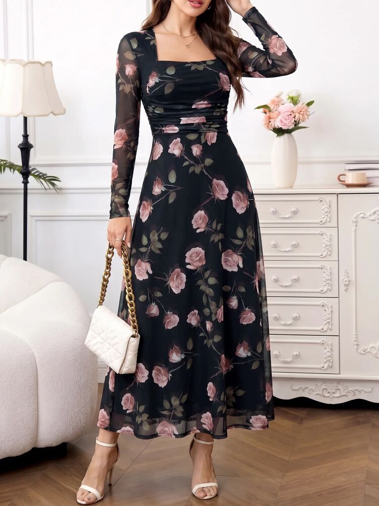 Amorya Women's Floral Print Pleated Waist Square Neck Vacation Dress Date Black And Pink Autumn Elegant - Multicolor - View 10