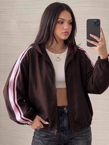 Comfortcana Plus Size All-Season Lightweight Vintage Casual Baggy Polka Dot Hooded Trench Coat Thin Jacket Work Office Brown Autumn Fall - Brown - View 7