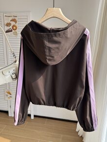 Comfortcana Plus Size All-Season Lightweight Vintage Casual Baggy Polka Dot Hooded Trench Coat Thin Jacket Work Office Brown Autumn Fall - Brown - View 2