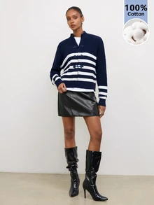 Maija Women's Colorblock Casual Versatile Daily Wear Knit Top - Navy Blue - View 2