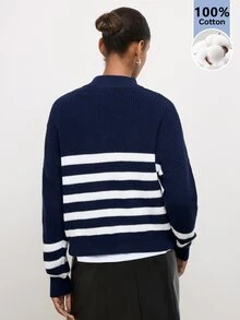Maija Women's Colorblock Casual Versatile Daily Wear Knit Top - Navy Blue - View 3