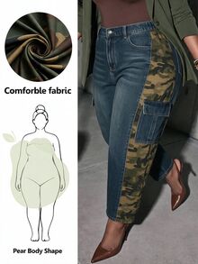 Slaydiva Plus Size Women's Patchwork Camouflage Pattern Pocket Washed Distressed Denim Jeans,Halloween,Christmas,New Year,Women's Camo Cargo Jeans,Party,Winter - Blue - View 8